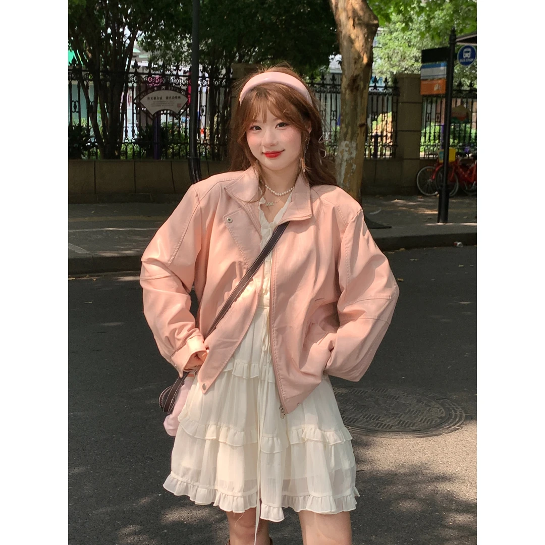 甜大王【调色师】韩版粉色皮衣夹克女春秋设计感立领机车服上衣外套