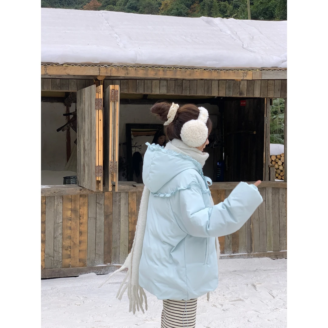 甜大王【奶呼呼】斗篷连帽花边90白鸭绒保暖羽绒服女冬季甜系穿搭