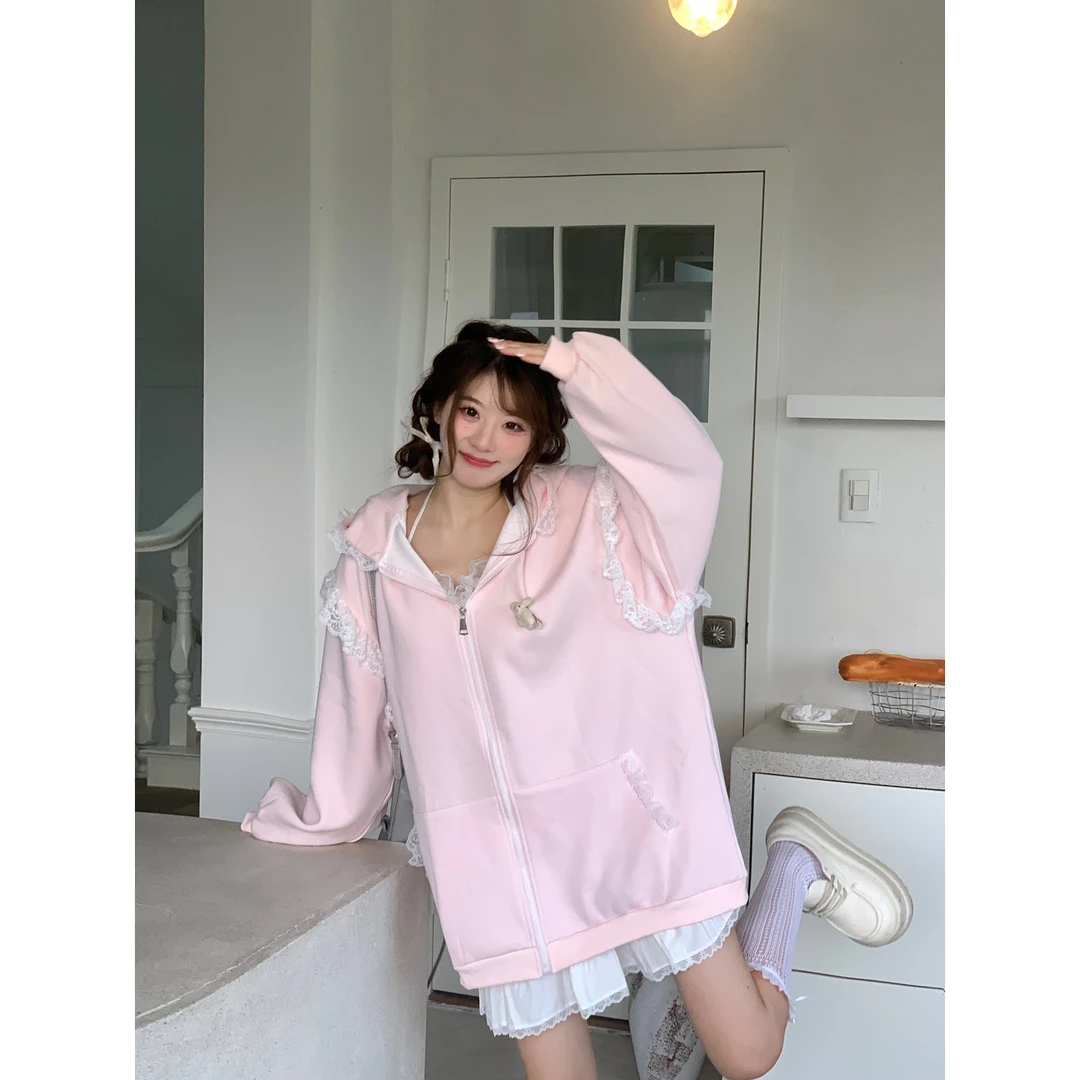 甜大王【奶油啵啵】兔耳朵蕾丝花边连帽卫衣外套女春秋新款时尚上衣