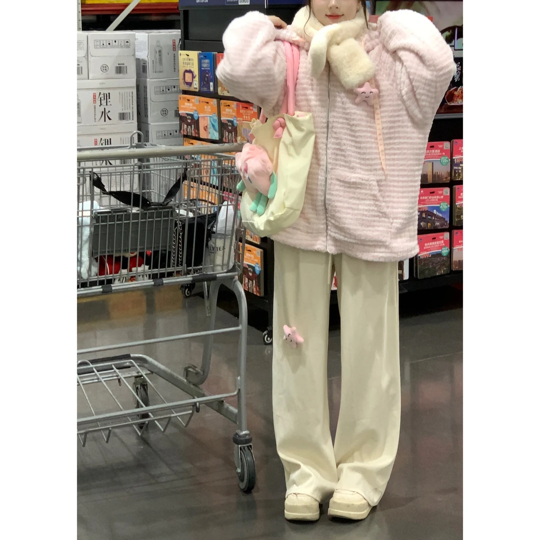 甜大王 可爱高腰阔腿休闲裤女秋冬宽松垂感直筒裤显瘦长裤