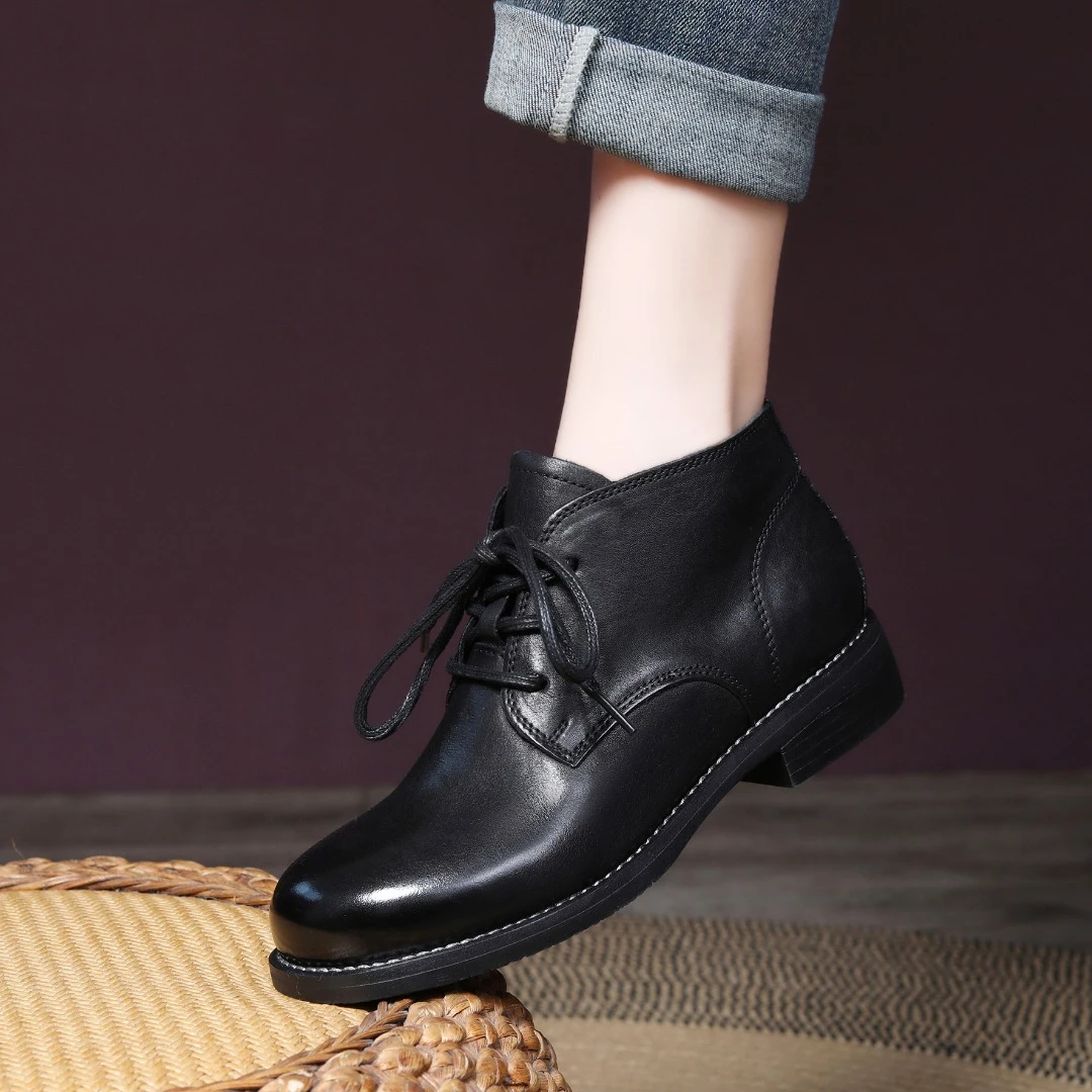 2024秋季新款头层牛皮马丁靴女真皮前系带复古真皮百搭显瘦短靴