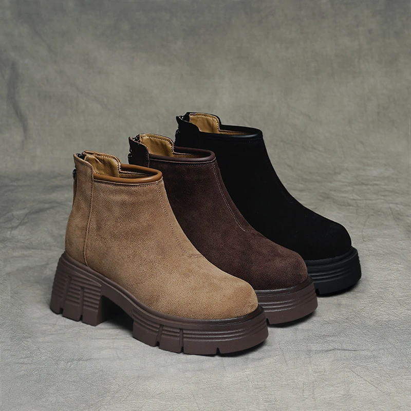 2024秋冬新款牛反绒短靴女厚底短筒圆头百搭时尚加厚款加绒马丁靴