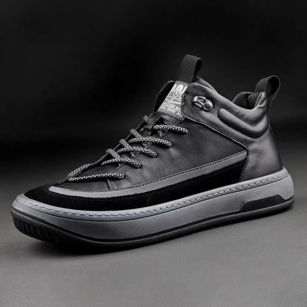 秋冬黑色百搭时尚厚底韩版中帮真皮休闲皮鞋AZXAB93330