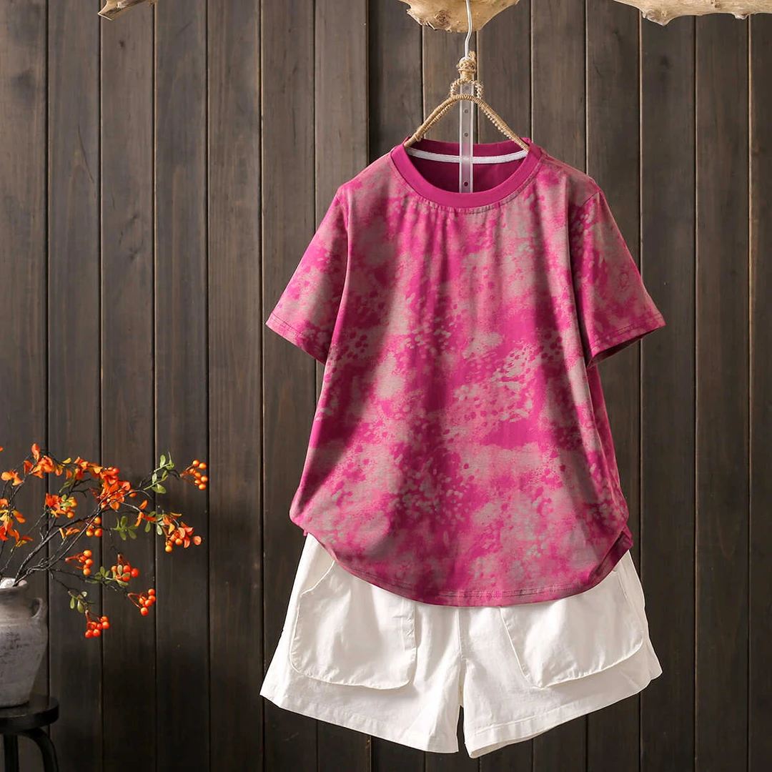 新中式油彩印花新款纯棉上衣女宽松显瘦休闲百搭短袖圆领T女H994