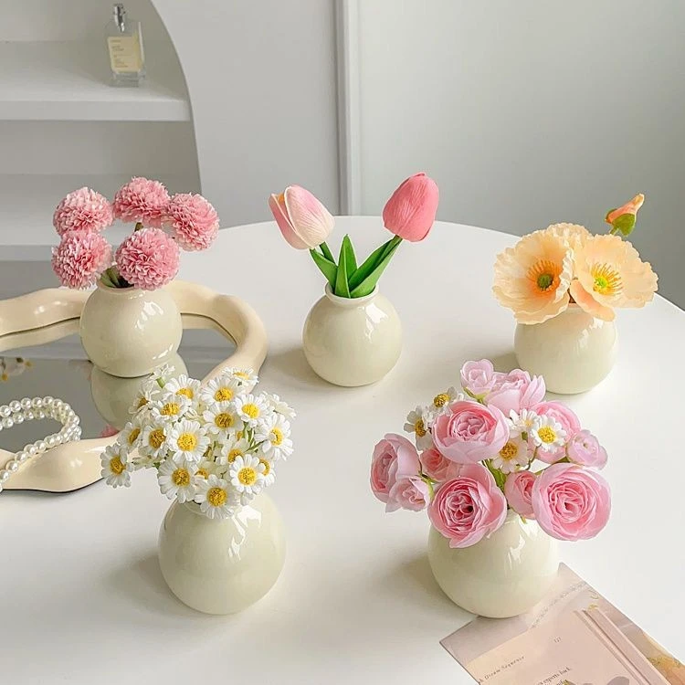 ins奶油风陶瓷小花瓶松弛感干花假花摆件桌面玄关客厅装饰品D175