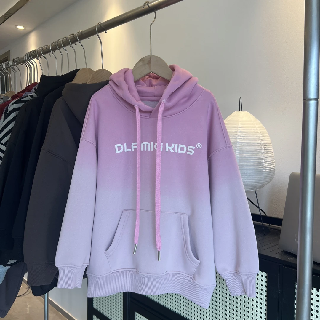 【加绒卫衣】女童粉色加绒一体绒吊染渐变连帽卫衣加厚印花秋冬长袖
