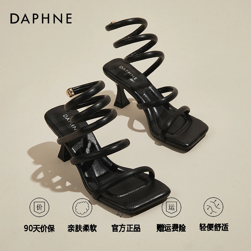 达芙妮品牌鞋高级感方头露趾高跟凉鞋外穿24夏季新款时尚粗跟拖鞋