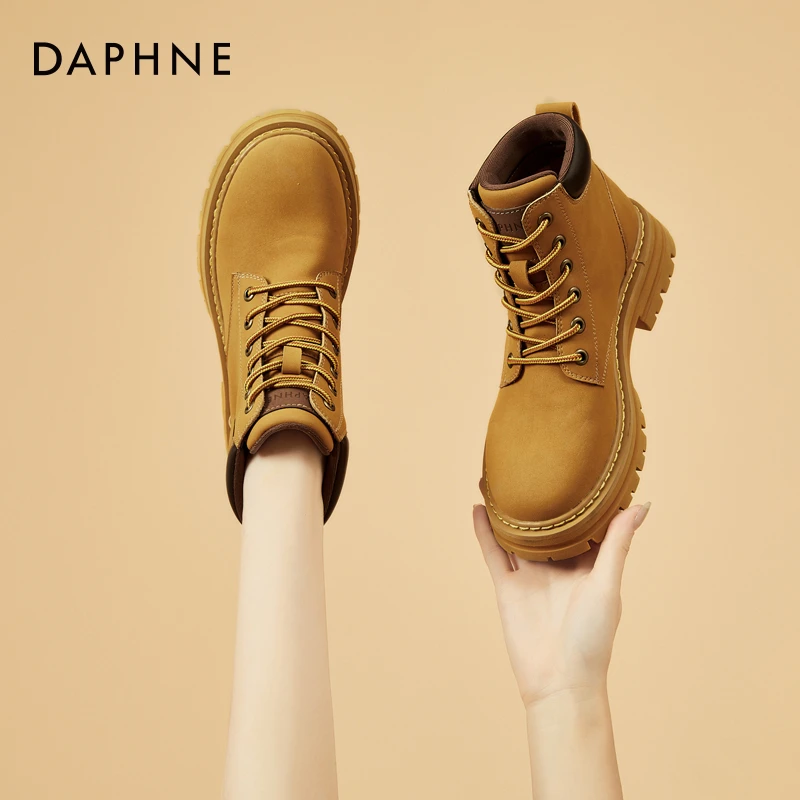 达芙妮真皮黄色马丁靴2025春季新款超火ins潮流英伦风爆款短靴女