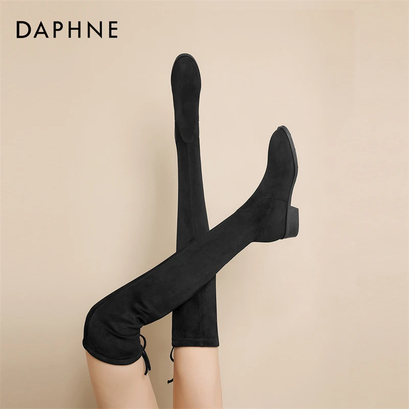 达芙妮长筒过膝靴女2025新款春季款粗跟绒面黑色小个子弹力高筒靴