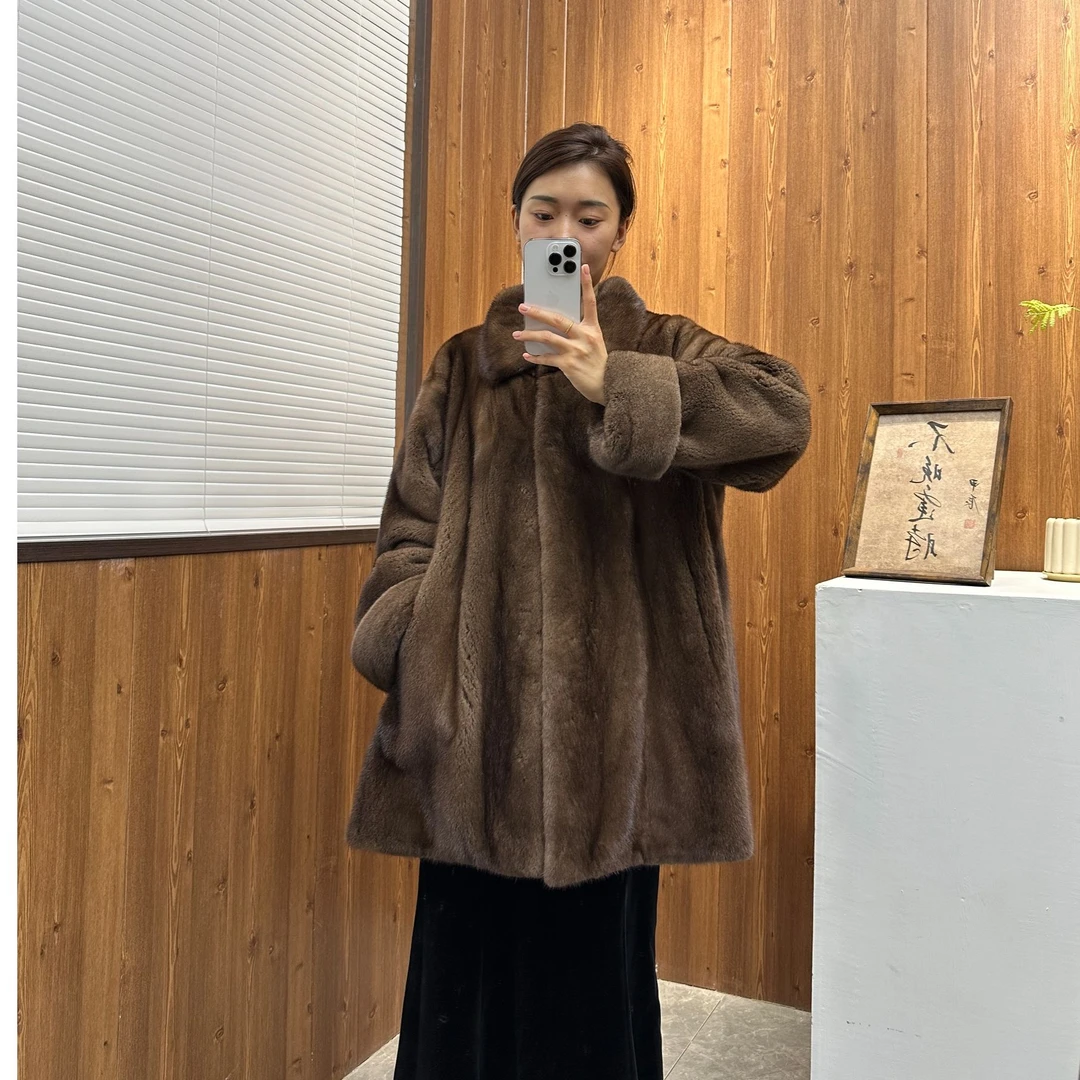 「不晚」"淡烟疏雨"紫金短一母貂大摆位挽袖立翻领女士水貂外套