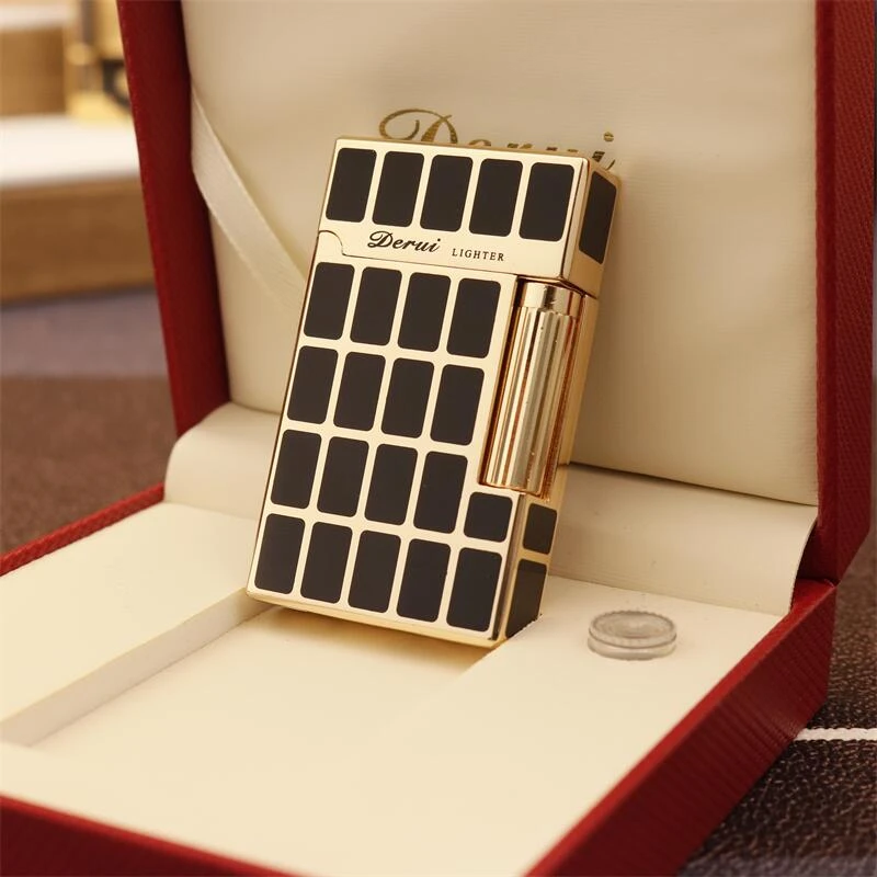 2020钢音朗声侧滑黑金方格高档打火机原装个性经典时尚老式花纹