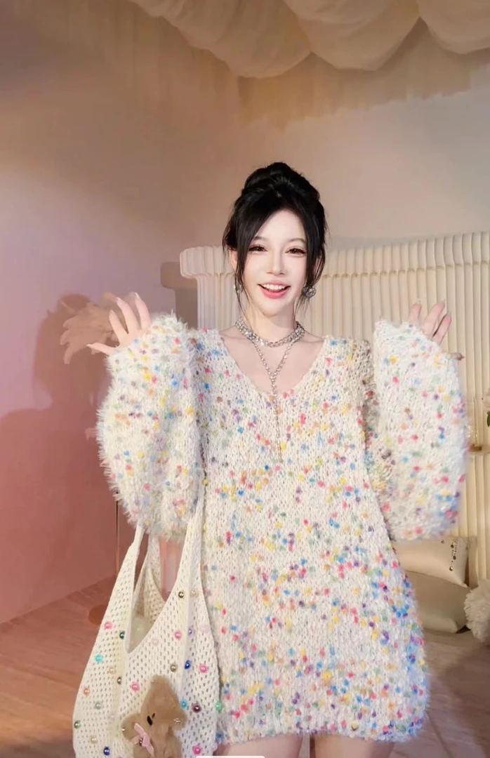 【崔】彩色多巴胺 韩系慵懒风长袖毛衣新款百搭宽松别致上衣243217