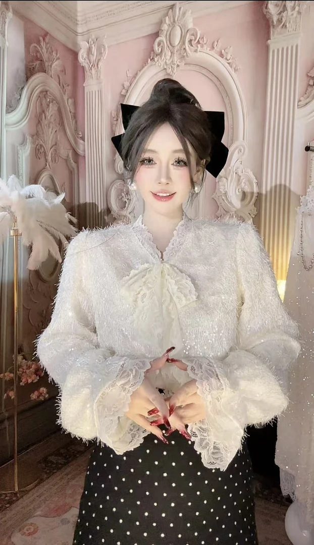 【崔】Z0136衬衫领衬衫上衣蕾丝毛绒秋冬加厚白色休闲韩版