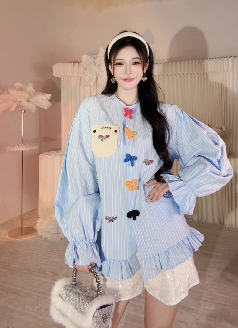 【崔】条纹蝴蝶结 衬衫女早秋新款2024设计感法式轻奢上衣243267