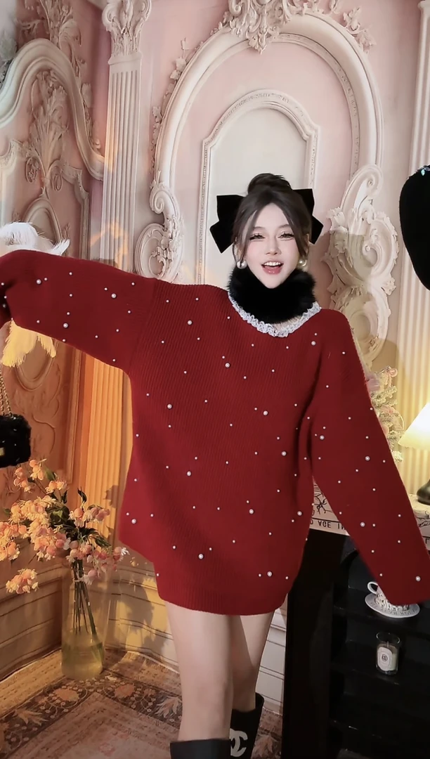 【崔】A0021毛针织衫红色蕾丝领上衣珠珠装饰半身裙洋气秋冬两件套