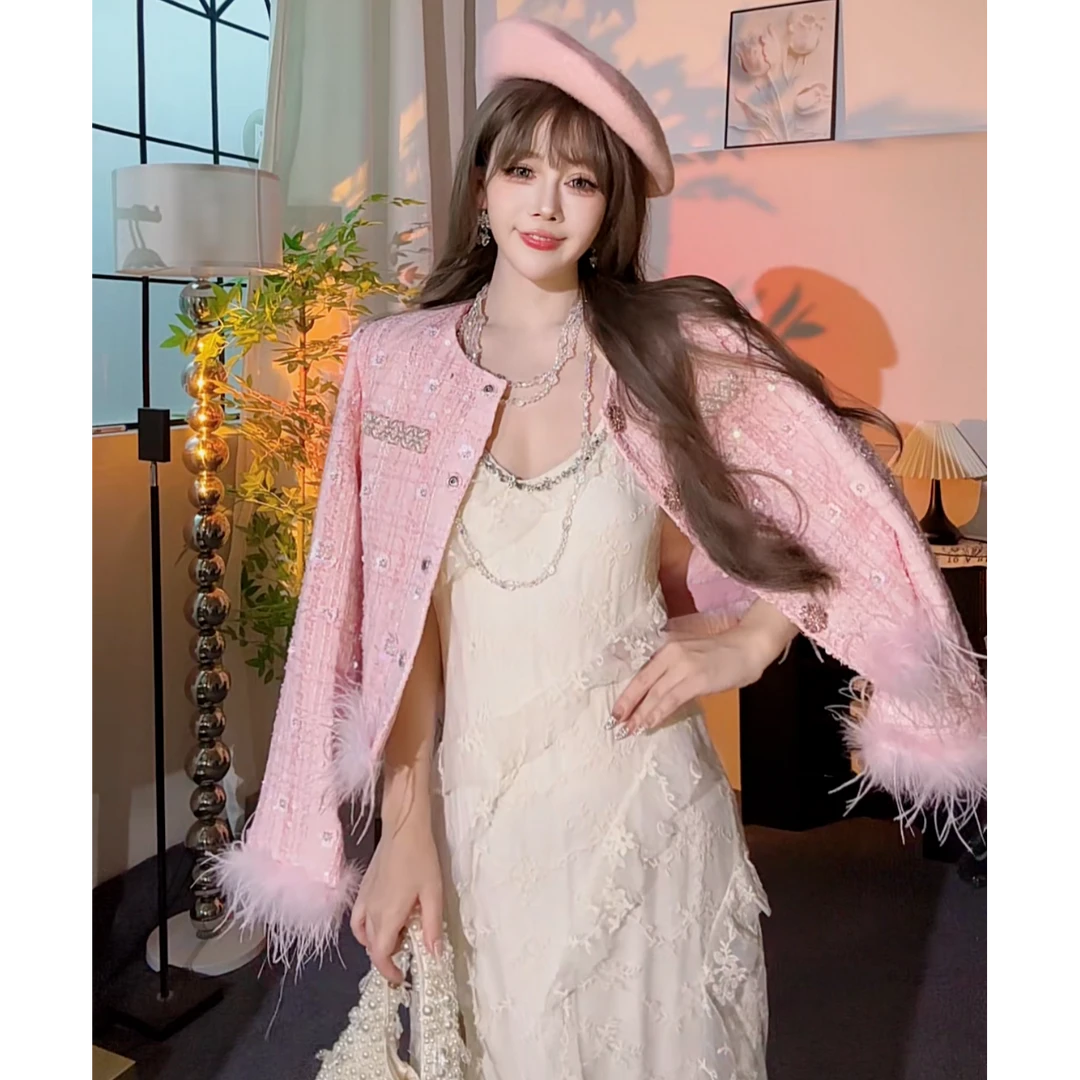 【崔】香暖四溢 粉色针织时尚镶钻甜美时尚设计秋新款毛衣243503