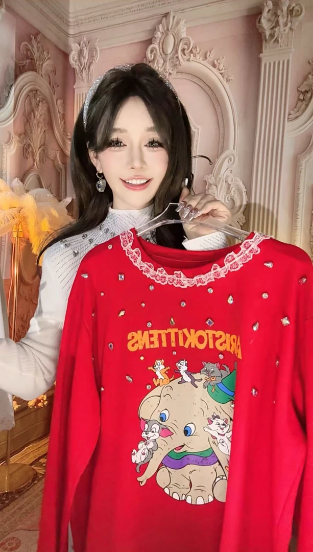 【崔】T0010 时尚印花拼接花边卡通飞象加绒卫衣韩系宽松长袖上衣