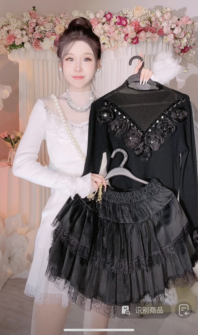 【崔】Z0035 法式甜美减龄立体玫瑰网纱百搭打底针织衫女百搭时尚