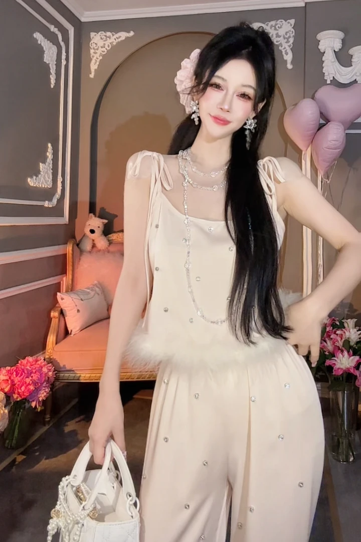 【崔】幻羽 复古纯欲辣妹设计感珠珠毛毛吊带上衣阔腿裤套装12114