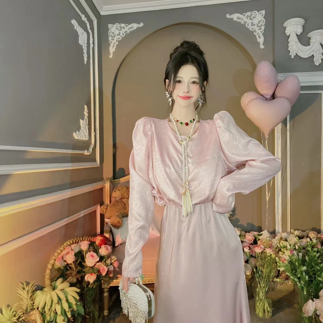 【崔】金粉世家 韩版气质甜美减龄圆领泡泡袖皱褶珠光显瘦衬衫11885