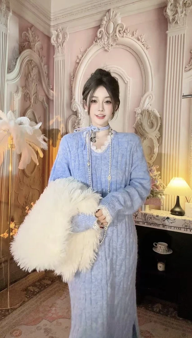 【崔】L0005长袖中长裙连衣裙拼接蕾丝高弹力长款百搭宽松