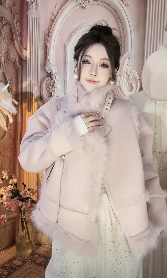 【崔】W0069毛毛小香风粉色外套女加厚加绒时尚百搭短款