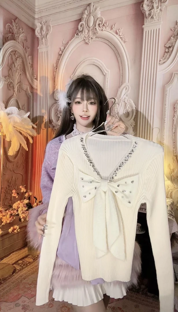 【崔】Z0089法式甜美蝴蝶结立体花朵钉珠针织上衣修身显瘦