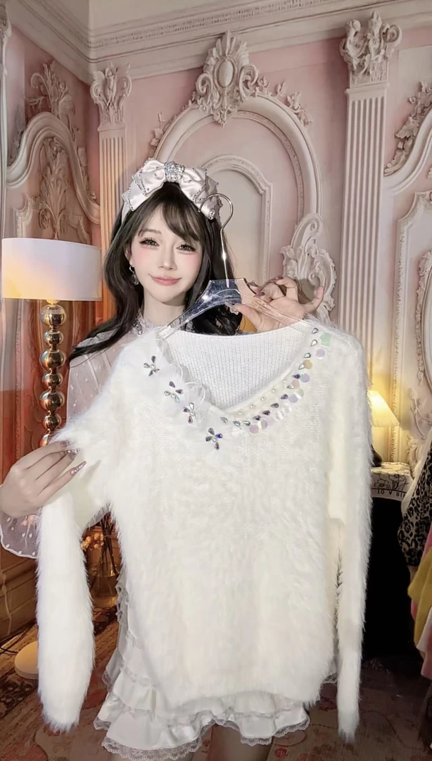 【崔】M0074甜美镶钻亮片V领毛衣女花朵秋冬宽松套头针织上衣