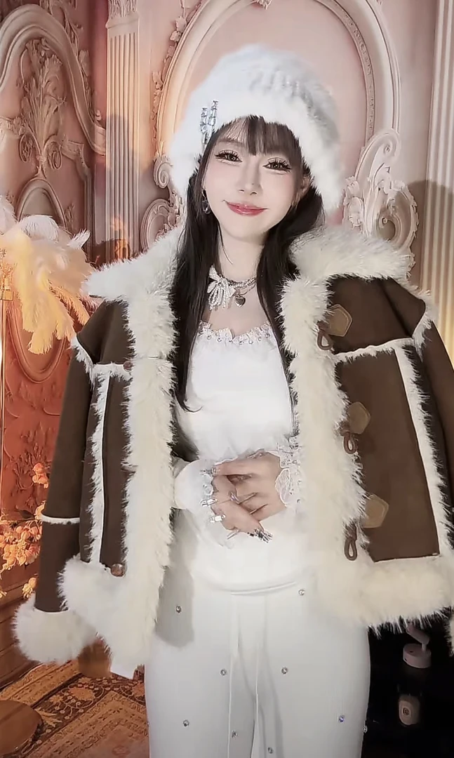 【崔】W0035 气质翻领绒毛外套皮衣加厚保暖毛毛袖短款大毛领咖色