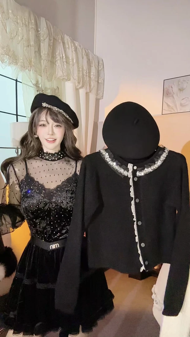 【崔】W0096针织开衫女秋冬蕾丝边拼接小香风气质显瘦上衣