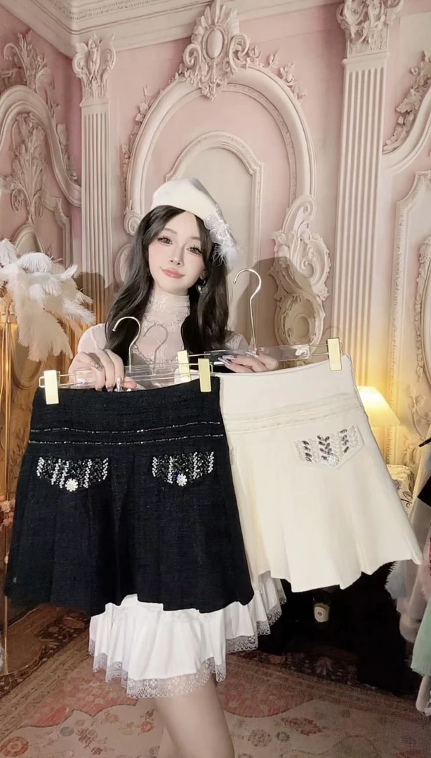 【崔】B0020气质小香风半身裙高腰显瘦百褶短裙