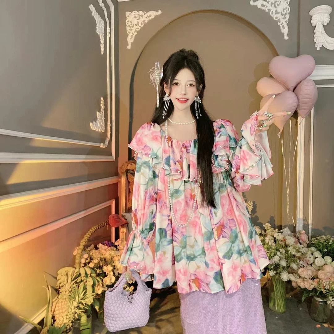 【崔】热恋夏潮 度假风法式减龄碎花衬衫喇叭袖防晒一字肩上衣11836