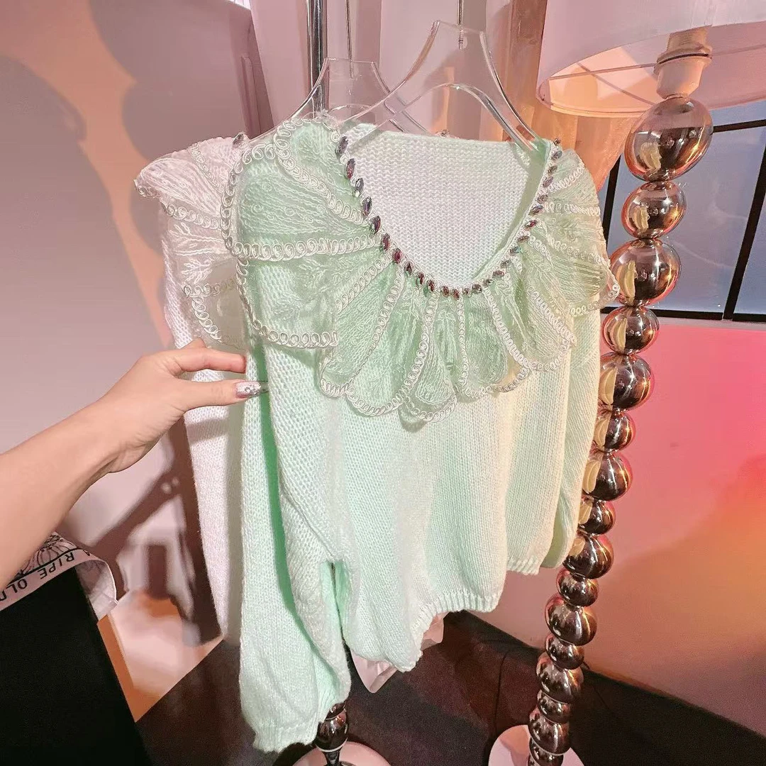 【崔】M0028 法式镶钻蕾丝水波绿荷叶领V领宽松显瘦针织毛衣女秋冬