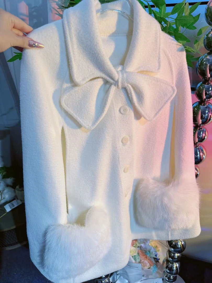 【崔】245127 秋冬新款拼接毛呢外套斗篷小香风蝴蝶结加厚大衣女