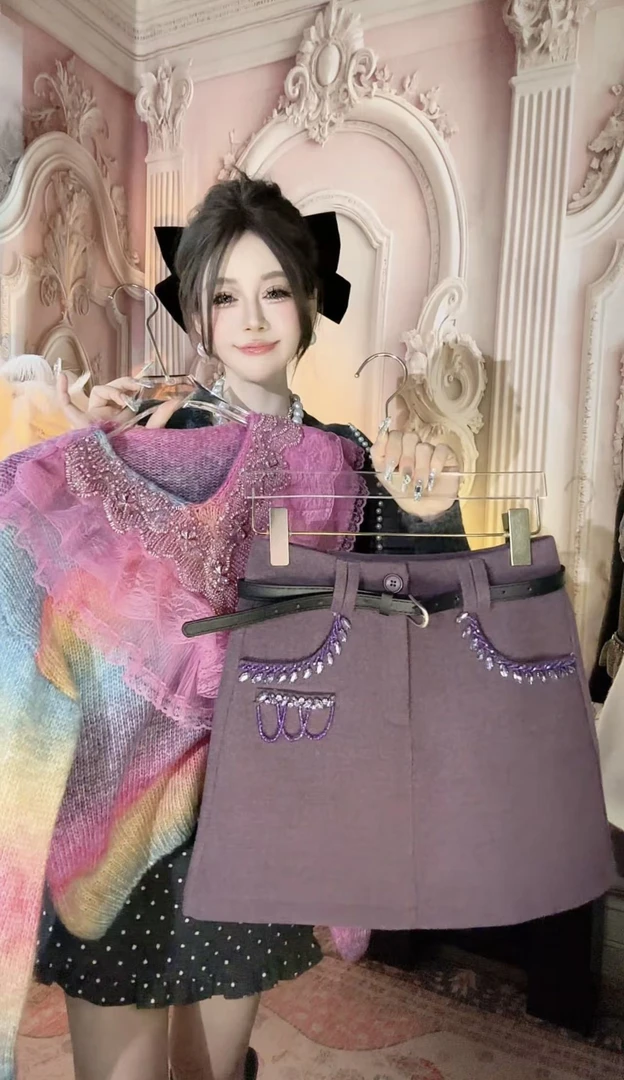 【崔】B0028新款设计感重工镶钻高腰气质名媛风半身裙含腰带