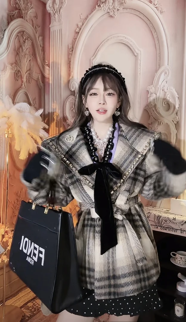 【崔】W0134韩系小香风收腰呢子大衣名媛气质格纹毛呢外套