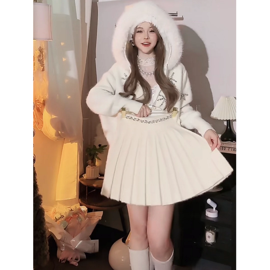 【崔】B0009 镶钻新款高腰百褶半身裙时尚显瘦A字短裙