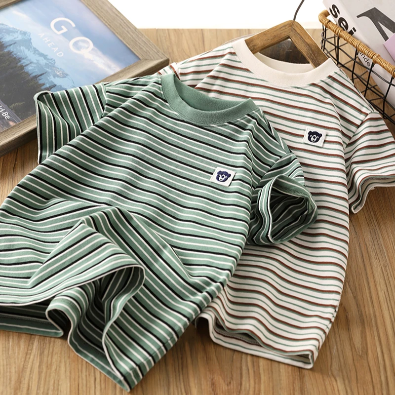 男童短袖T恤2024夏季新款儿童条纹绣花圆领汗衫中大童休闲半袖T恤