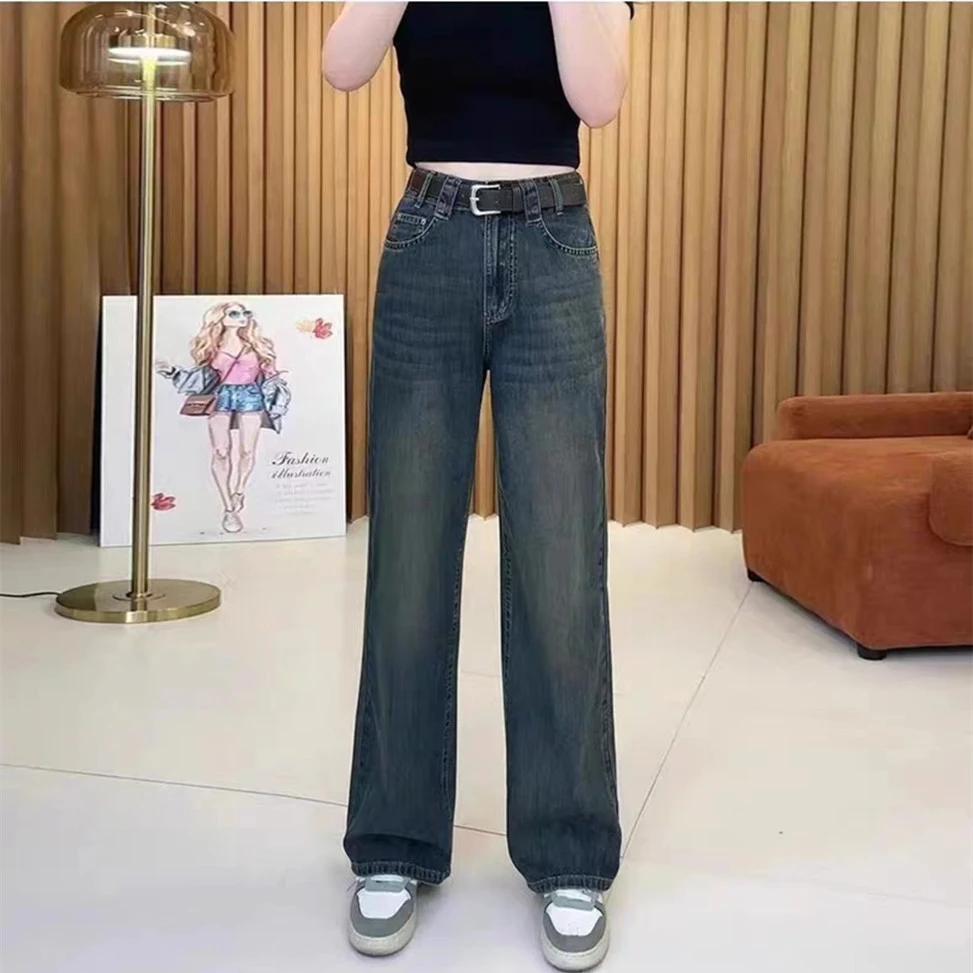 2023新款秋冬梨形身材大码胖mm裤子窄版复古直筒牛仔裤高腰阔腿裤