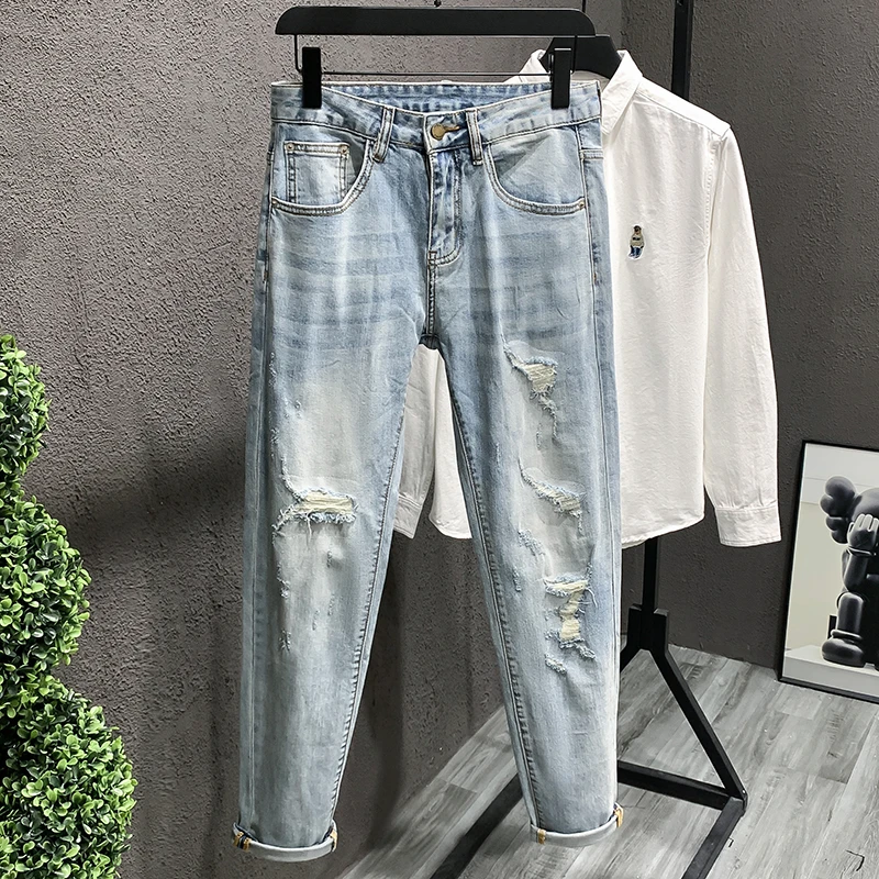 夏季牛仔裤男痞帅破洞新款潮流九分裤修身时尚百搭浅色长裤子男