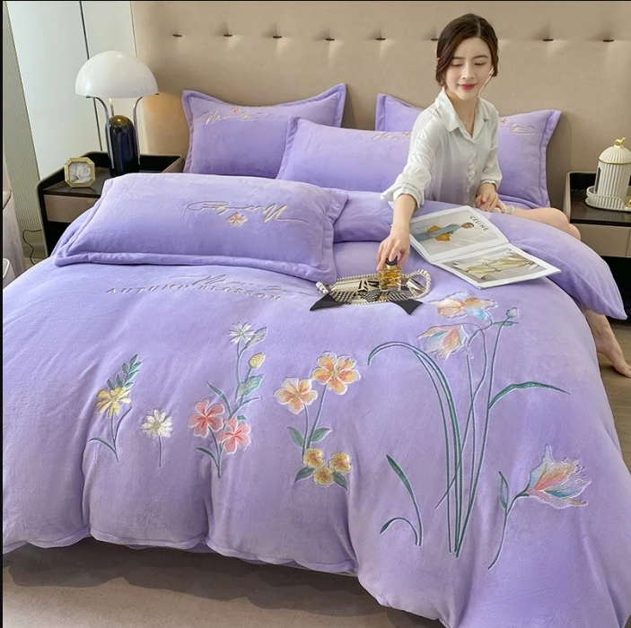 【莫纳紫】冬季双面加厚牛奶珊瑚绒床上四件套加绒被套法兰绒绣花