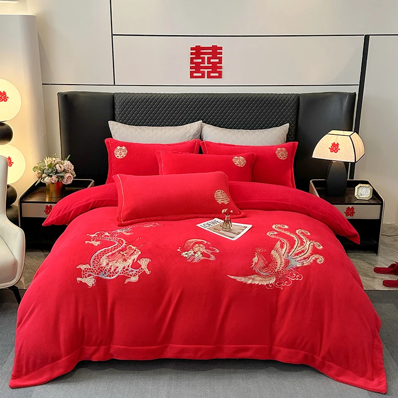 牛奶绒四件套结婚大红色冬季珊瑚绒婚庆刺绣喜庆加厚保暖宝宝绒