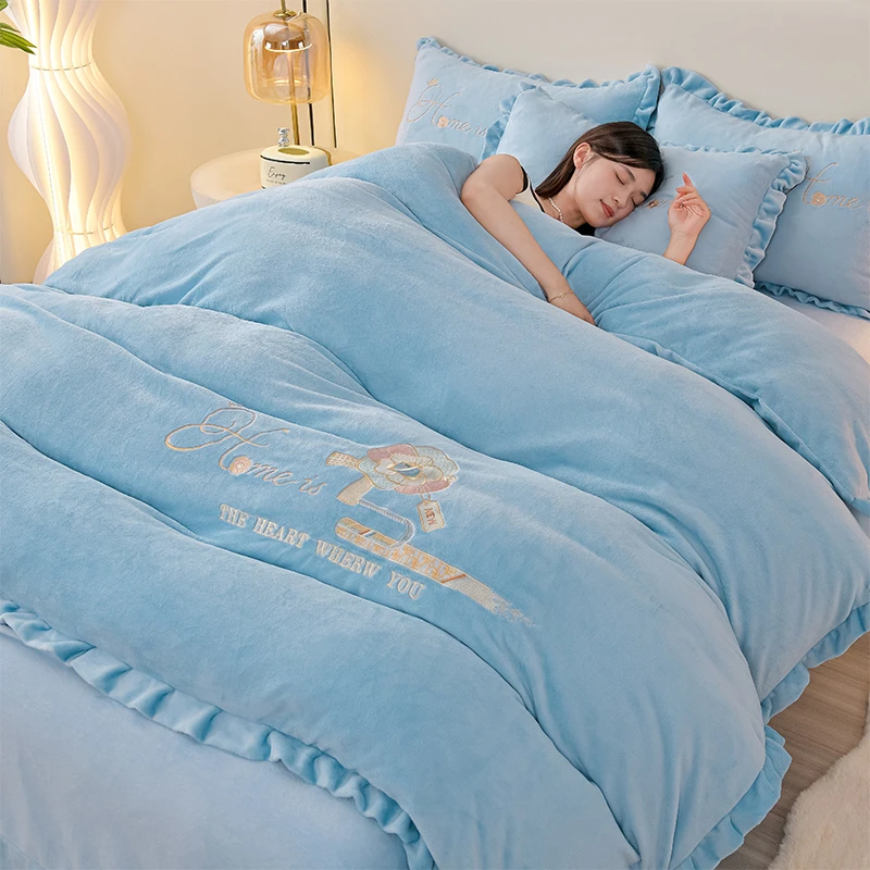 【皇冠山茶天蓝】韩版加厚牛奶绒四件套防静电双面绒被套保暖床裙