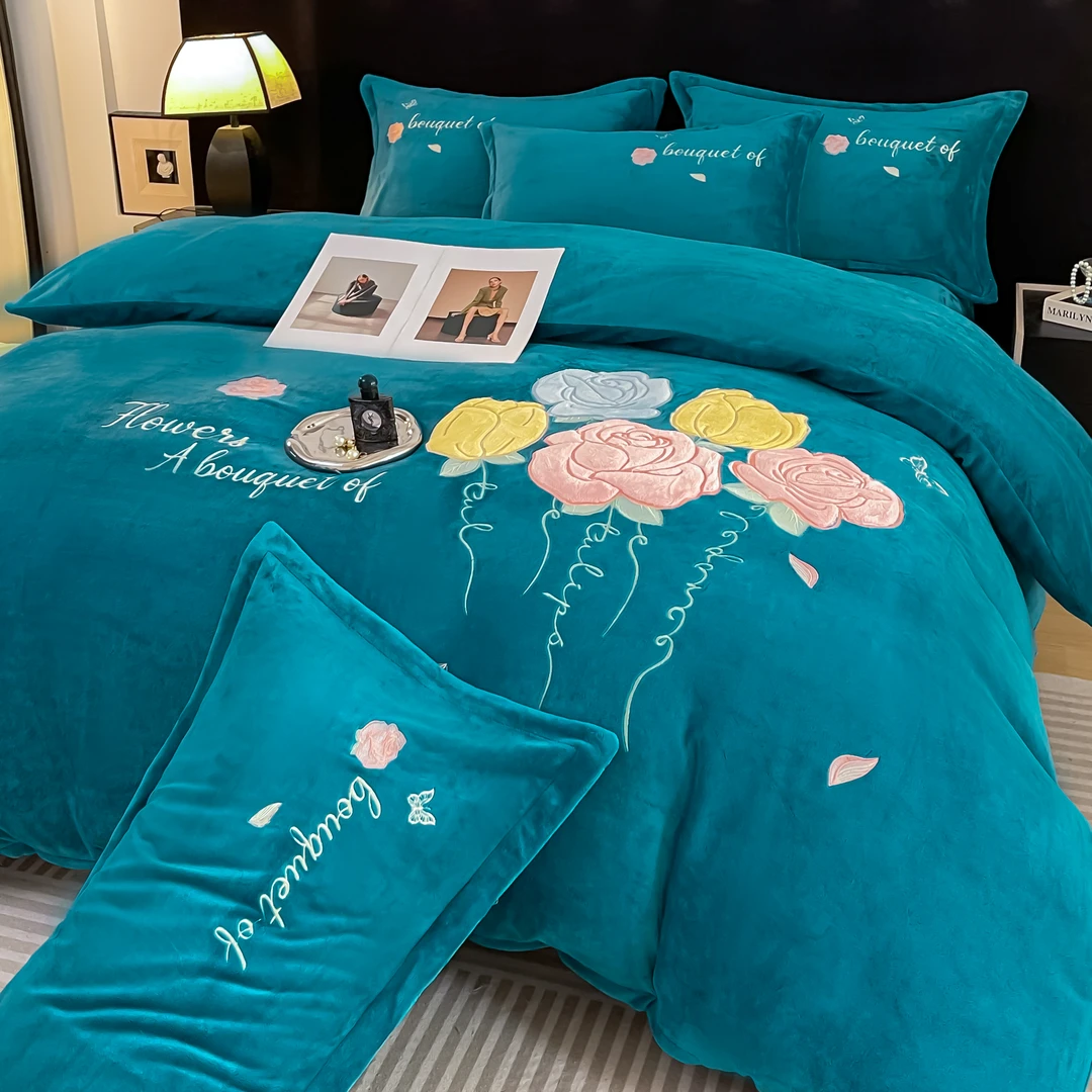 【玫瑰爱恋宾兰】牛奶绒四件套冬季贴布绣加厚双面绒保暖法兰珊瑚绒