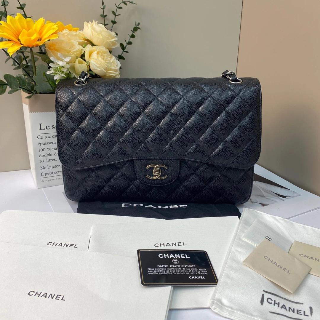 95新 Chanel/香奈儿 香奈儿Cf黑银牛皮jumbo18开单肩斜挎包