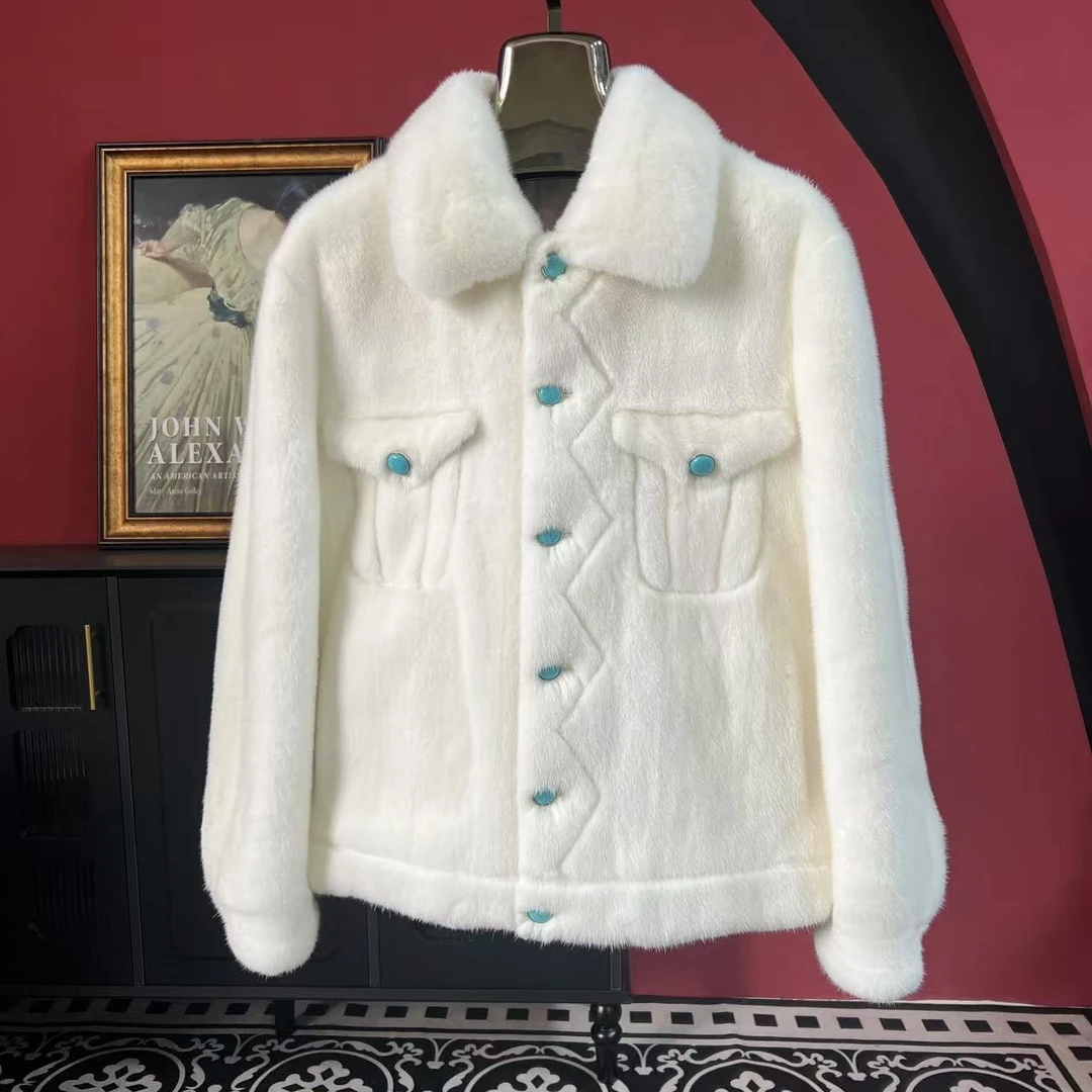 YIDIAO/怡貂新款海宁貂皮大衣男装绿松石水貂翻领冬季时尚夹克