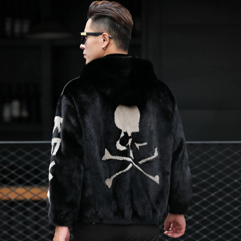 貂皮大衣男海宁皮草时尚休闲连帽潮流落肩进口水貂男骷颅头202165
