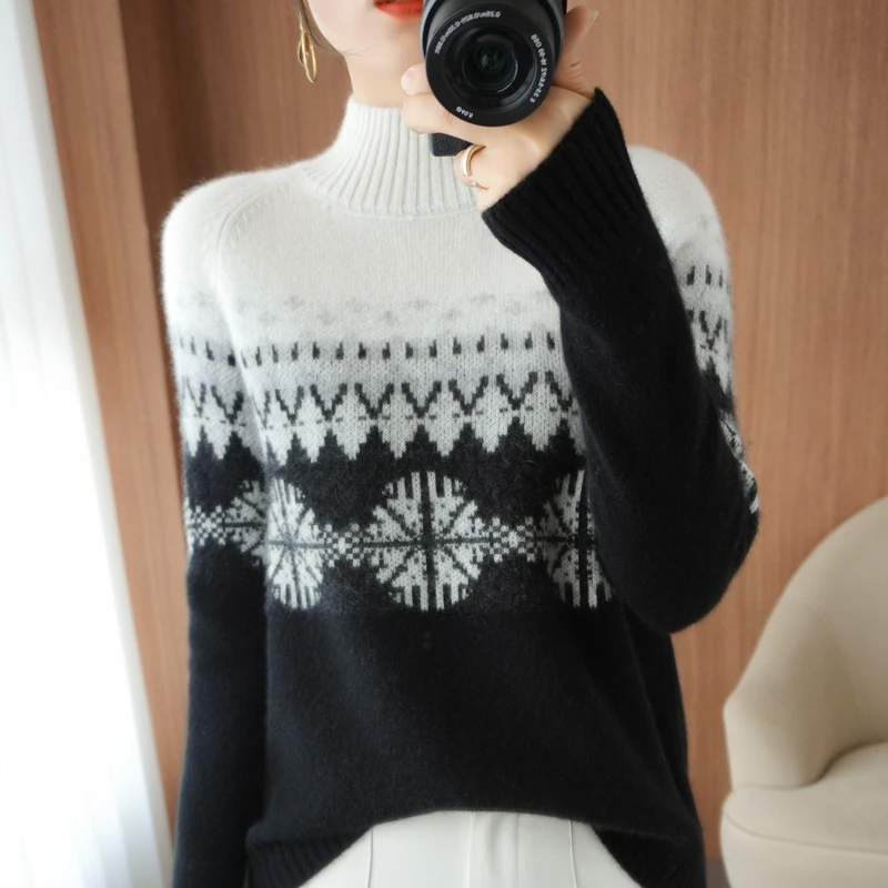 重磅加厚~新款100%纯羊绒衫女士半高领套头拼色羊绒针织打底衫