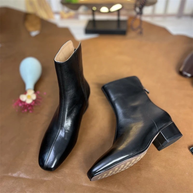 清苍【水洗马皮】4cm跟高/百搭气质时尚方头单靴女真皮瘦瘦靴女短靴