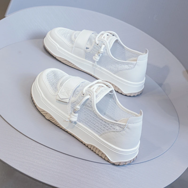 真皮网面透气小白鞋女2024夏季新款韩版百搭魔术贴薄款休闲板鞋潮